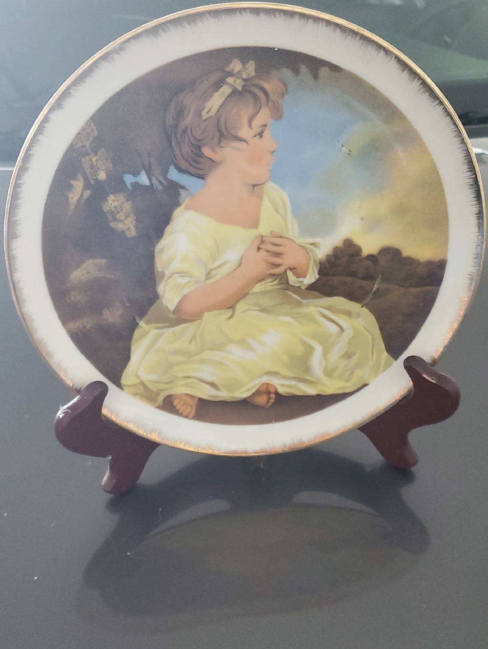 Vintage Decorative Plate with Young Girl Portrait in Gold Plated Made In Japan